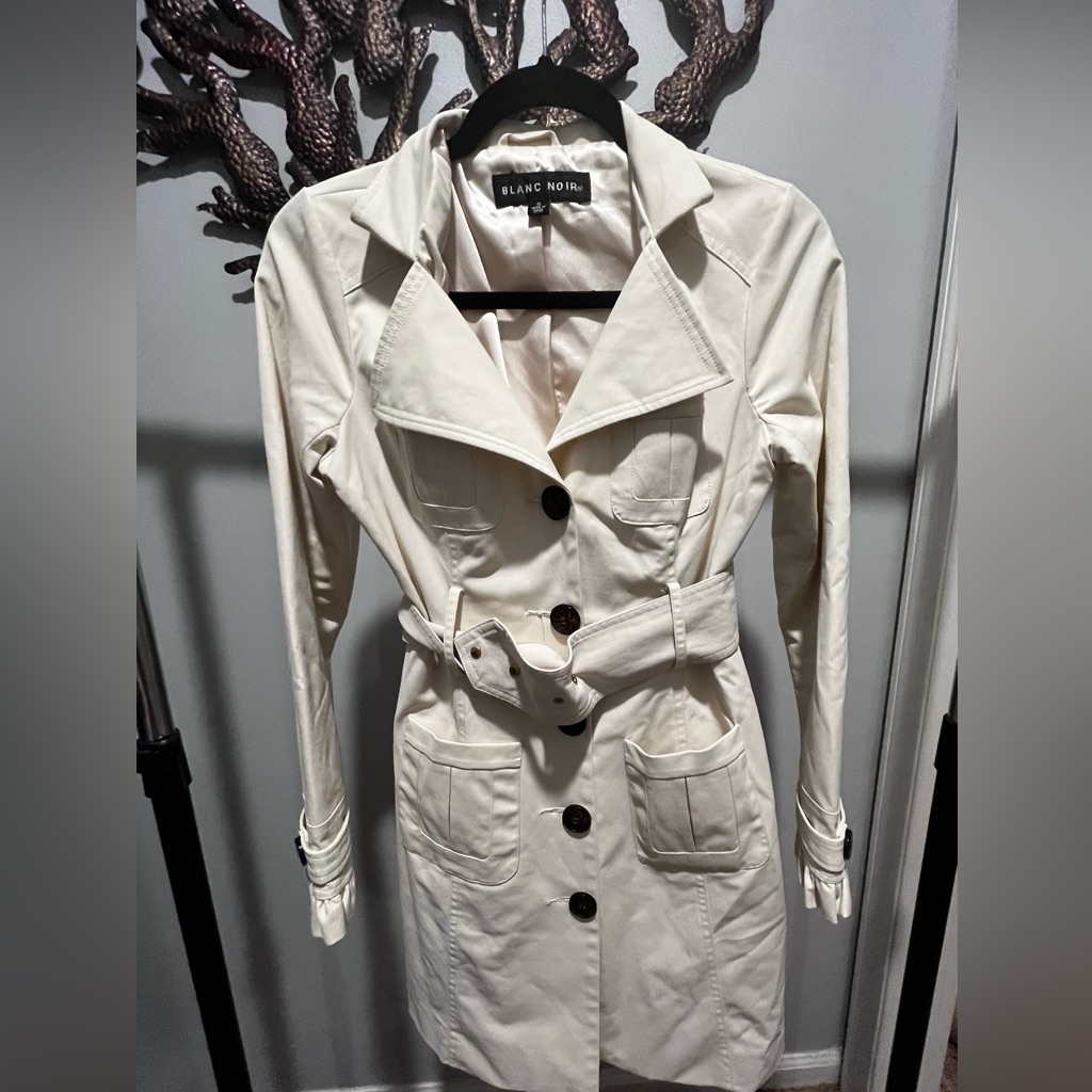Blanc Noir Cream Ivory Ruffle Sleeve Midi Length Trench Coat - Size Small